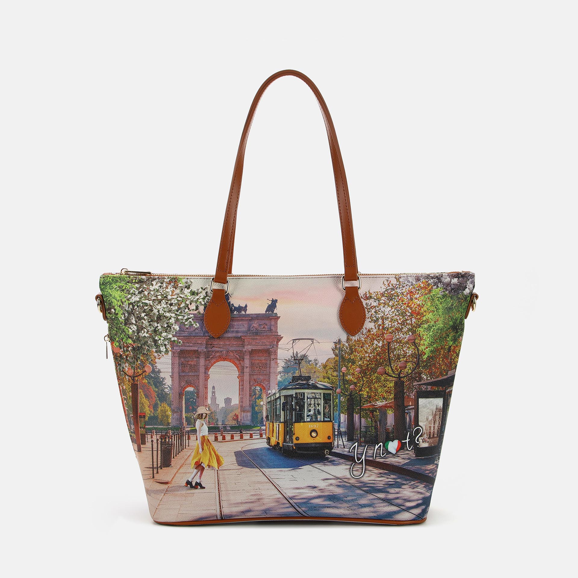 Ynot? Borsa Shopping Medium Yes Bag Stampa Città Spring In Milan